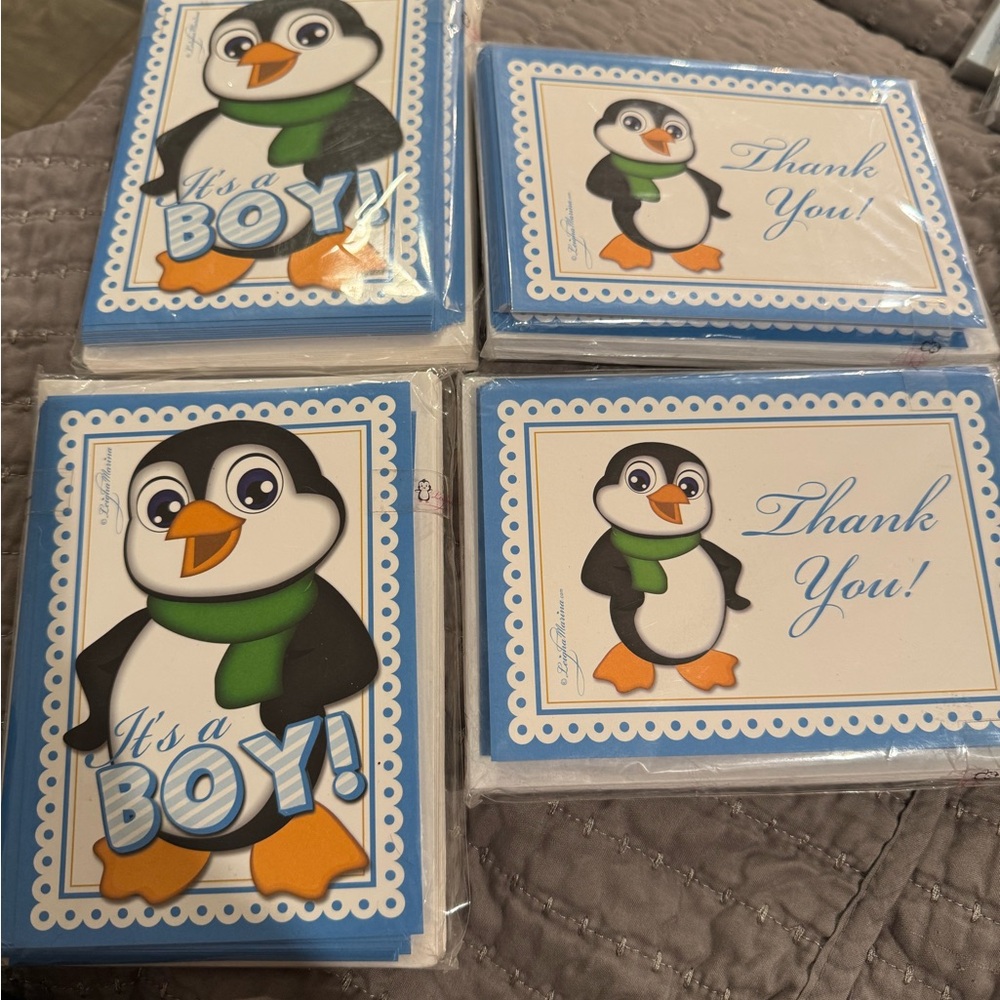 Penguin Themed Baby Shower Cards - Blue and White